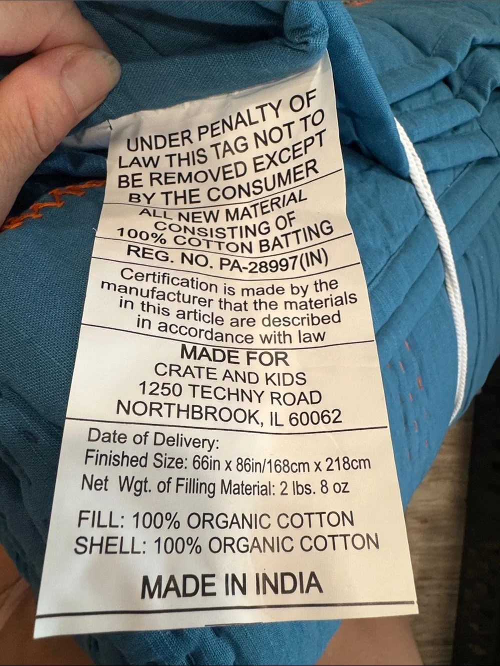 Crate and Barrel Kids blue with Orange Stitching twin quilt & John robshaw